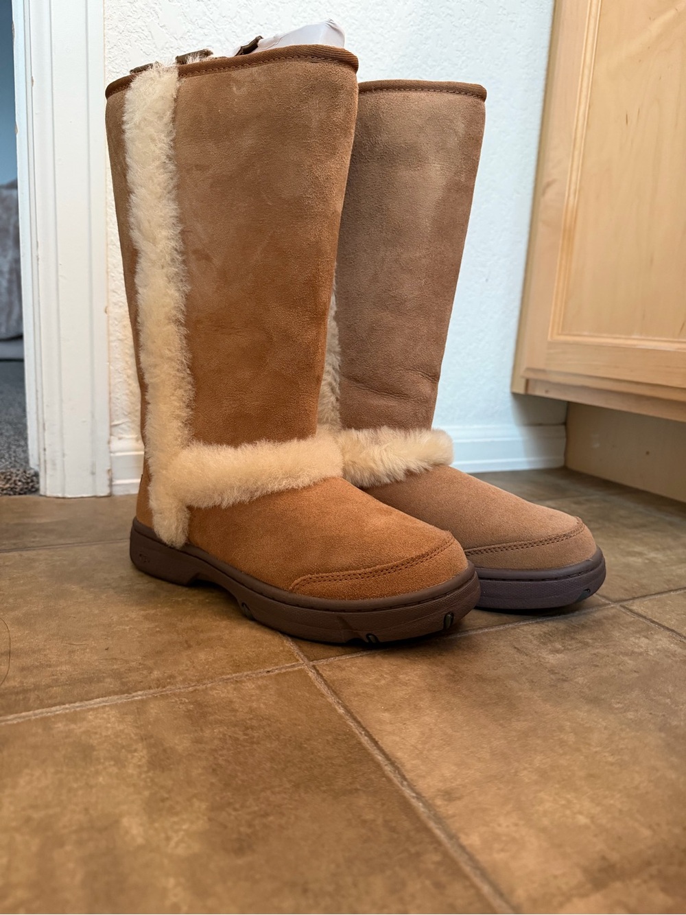 UGG Chestnut Suede Shearling-Trim Tall Winter Boots